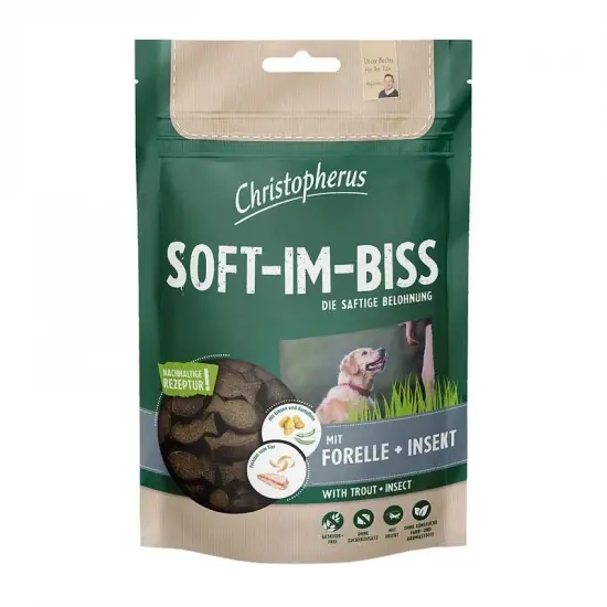 Azonnali szállítás Christopherus Dog Jutalomfalat Grain Free Soft-Im-Biss Pisztráng és rovar 125g