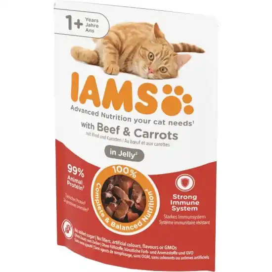 Iams Cat Delights Marhahús és répa falatok, zamatos aszpikban nedves macskatáp 85g Árengedmény