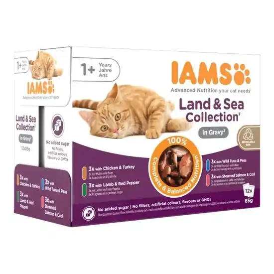Iams Cat Delights LAND& SEA IN GRAVY multipack, többféle íz, ízletes szószban 12x85g Szuper akció