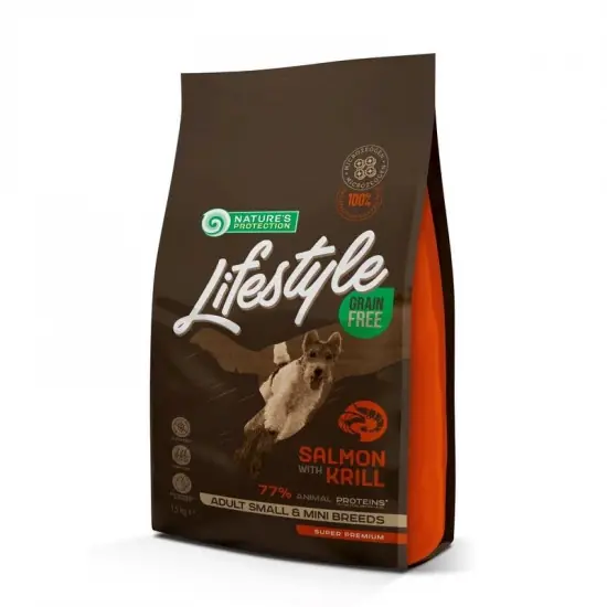 Azonnali szállítás Natures Protection Lifestyle Dog Adult Grain Free Salmon with krill Small&mini 1,5kg