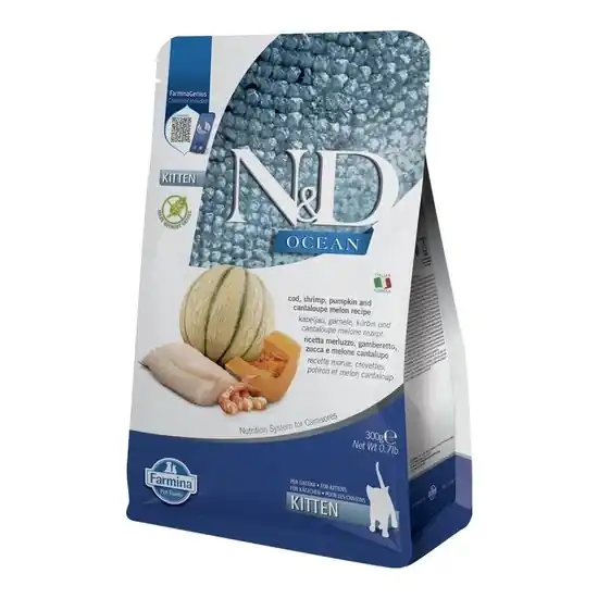 N&D Ocean Cat tőkehal,garnéla,sütőtök&sárgadinnye Kitten 300g Újdonság