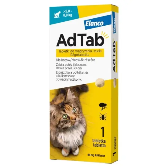 Vedd meg most AdTab 48mg rágótabletta macskák részére (>2-8 kg)