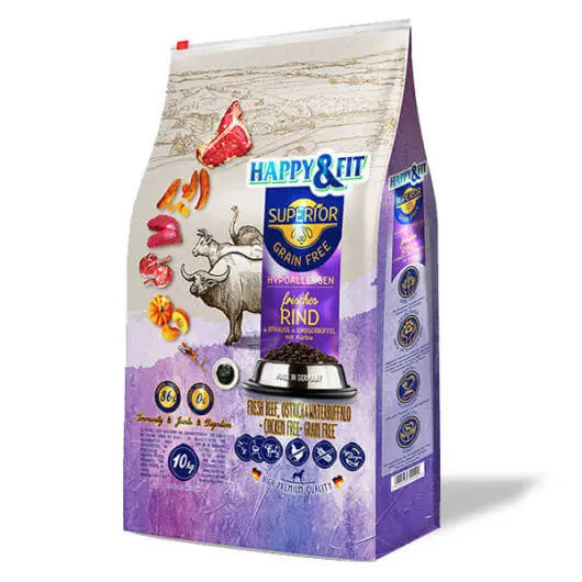 Happy&Fit Superior Grain Free Hipoallergén (marha, strucc, vízibivaly, sütőtök) Árengedmény