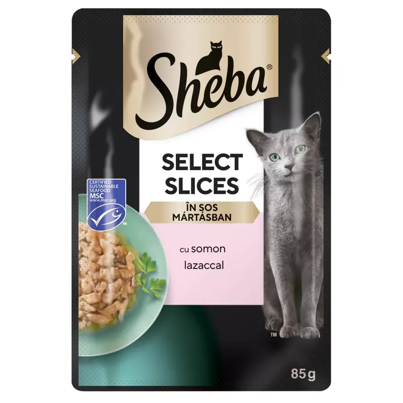 Prémium Sheba macska tasak lazac szószban 28x85g