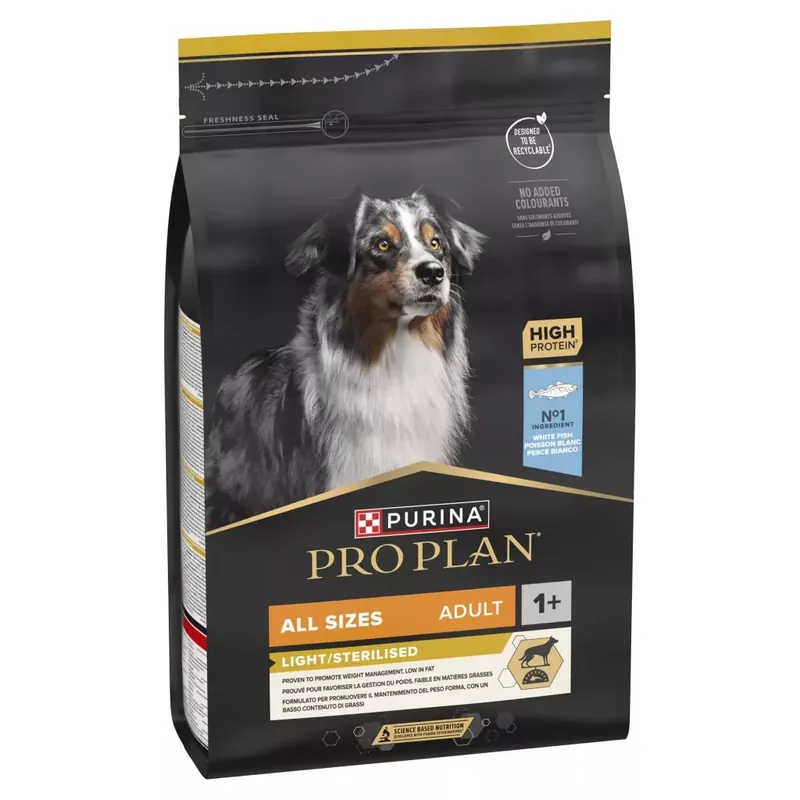 Csak ma Pro Plan All Sizes Adult Light/Steril fehér halban gazdag száraz kutyaeledel 3kg