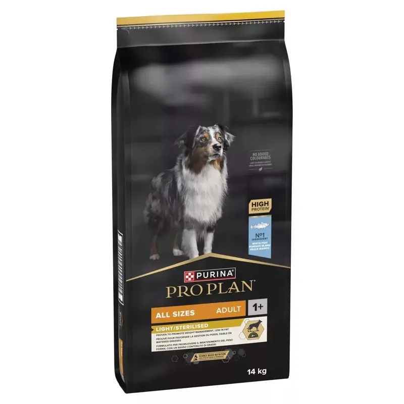 Vedd meg most Pro Plan All Sizes Adult Light/Steril fehér halban gazdag száraz kutyaeledel 14kg