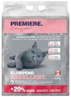 Kihagyhatatlan ajánlat Premiere Excellent csomósodó macskaalom babapúder illatú 12+2,4kg