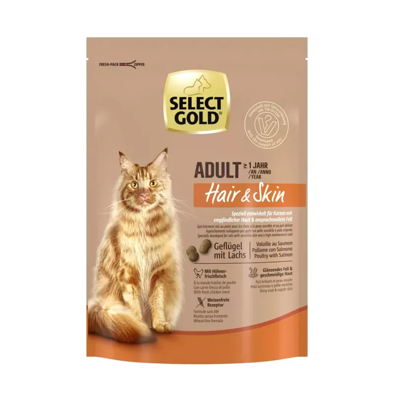 Select Gold Hair&Skin adult száraz macskaeledel szárnyas&lazac 300g Korlátozott ajánlat