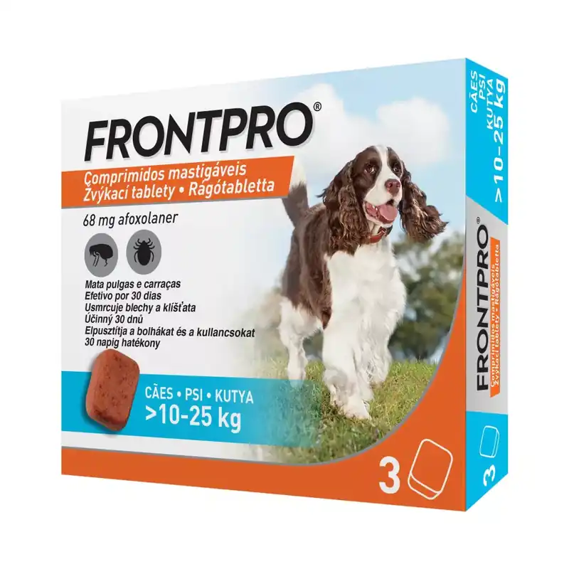 FRONTPRO® rágótabletta kutyáknak bolhák és kullancsok ellen (>10–25 kg) 3db Különleges ajánlat