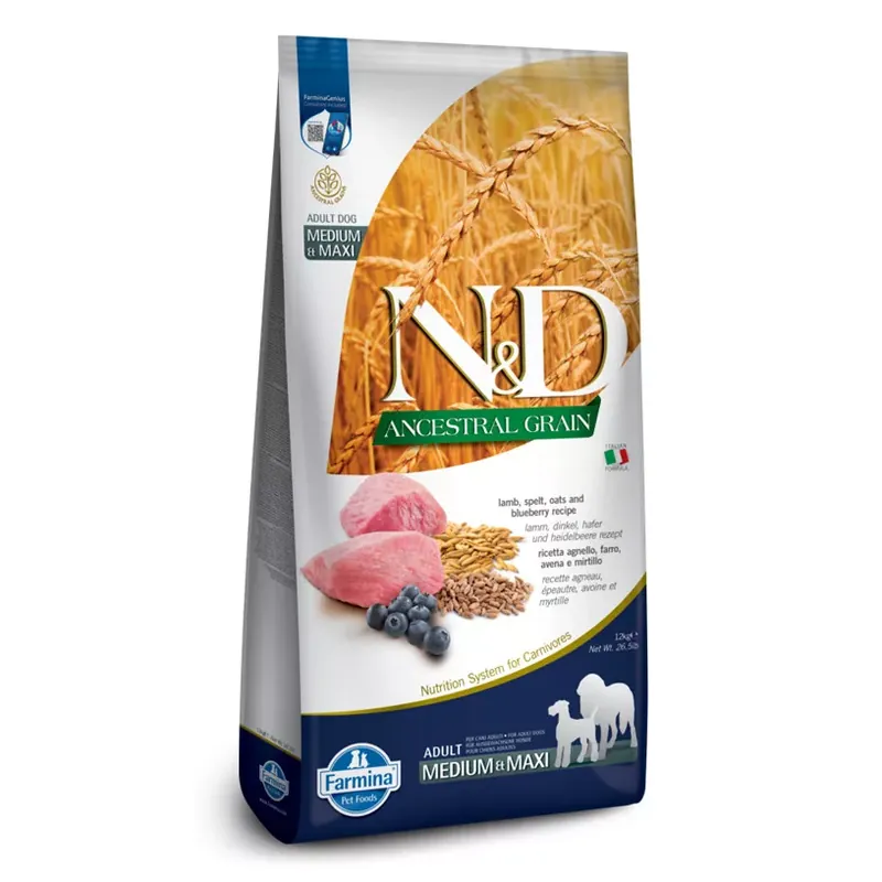 Gyors kiszállítás N&D Ancestral Grain Bárány & Áfonya Kölyök Medium & Maxi Száraz Kutyaeledel 12kg