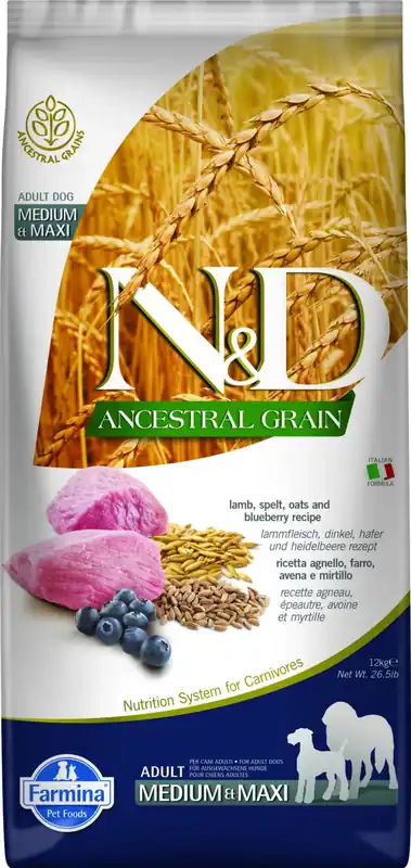 Végkiárusítás N&D Ancestral Grain Bárány & Áfonya Felnőtt Medium & Maxi Száraz Kutyaeledel 12kg
