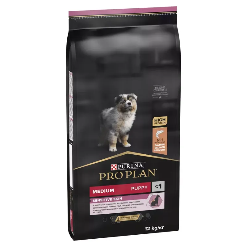 Nézd meg most Pro Plan Medium Puppy Sensitive Skin lazacban gazdag száraz kutyaeledel 12kg
