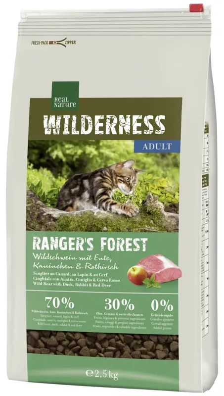 Csak ma Real Nature Wilderness száraz macskaeledel adult vaddisznó&kacsa&nyúl&szarvas 2,5kg