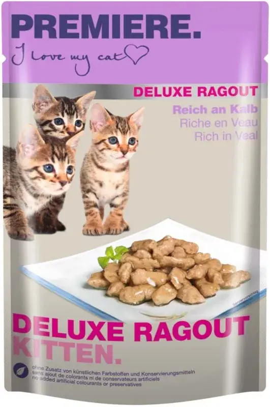 Szezonális akció Premiere Deluxe Ragout macska tasak kitten borjú 22x85g