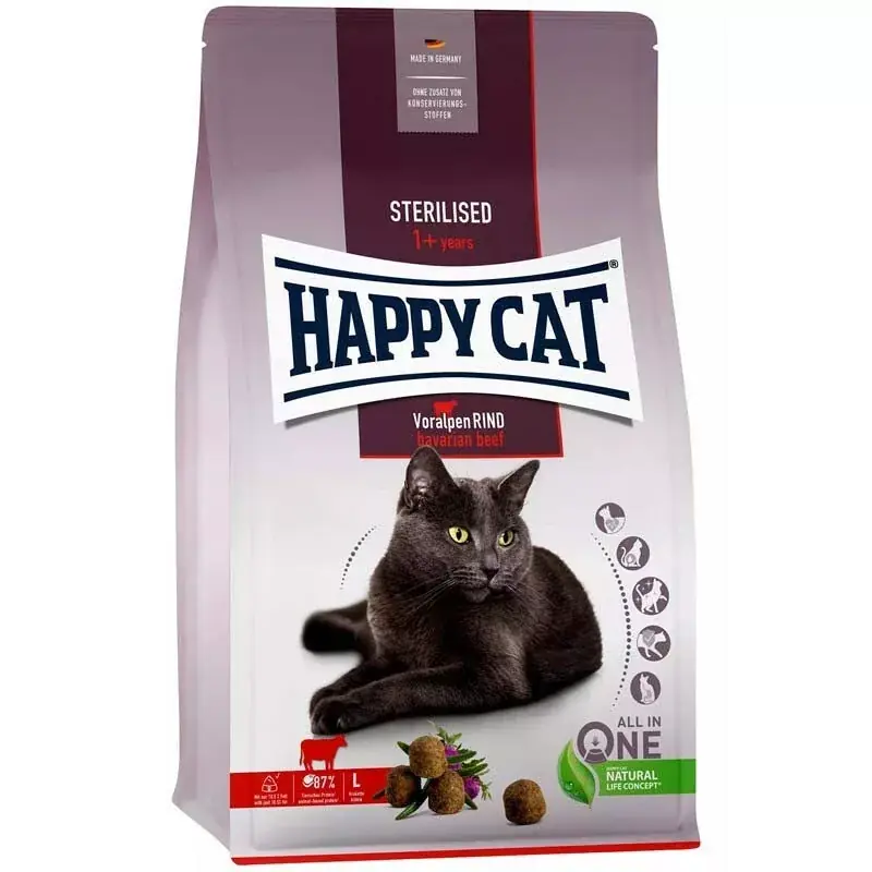 Árcsökkenés Happy Cat Sterilised száraz macskaeledel adult marha 1,3kg