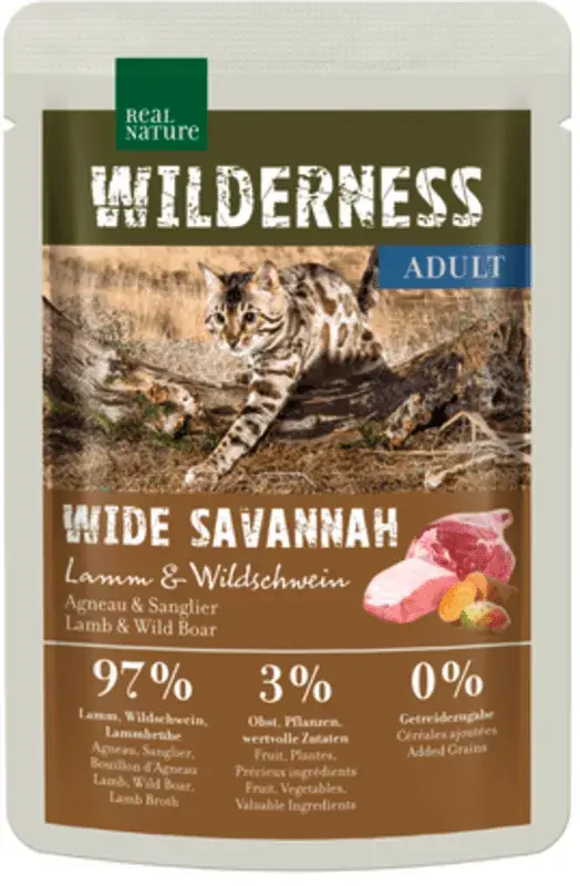 Gyors kiszállítás Real Nature Wilderness macska tasak adult Wide Savannah bárány&vaddisznó 12x85g