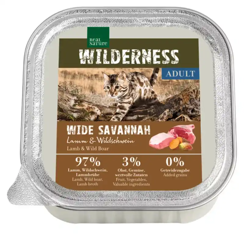Újdonság Real Nature Wilderness macska tálka adult Wide Savannah bárány&vaddisznó 16x100g