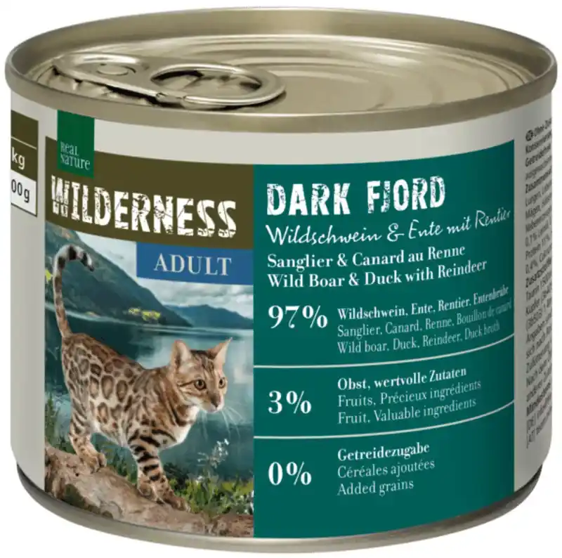 Árcsökkenés Real Nature Wilderness macska konzerv adult Dark Fjord vaddisznó&kacsa&rénszarvas 6x200g