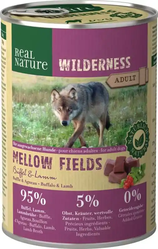 Végkiárusítás Real Nature Wilderness kutya konzerv adult Mellow Fields bárány&bivaly 6x400g