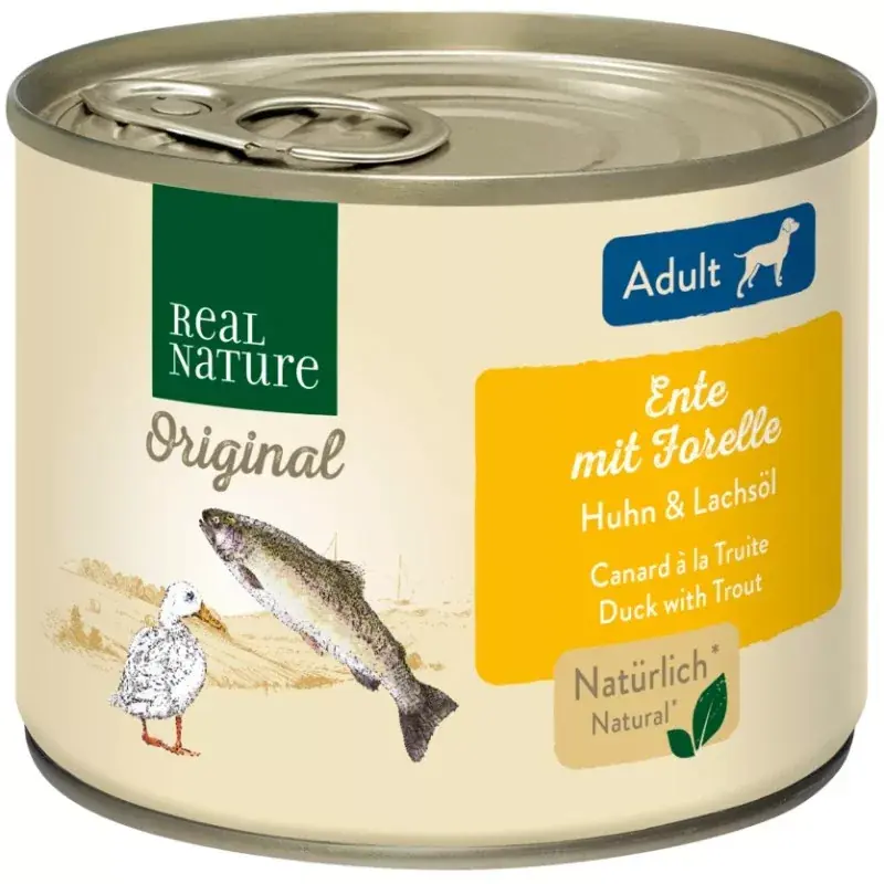 Vásárlói kedvenc Real Nature Original kutya konzerv adult kacsa&pisztráng 6x200g