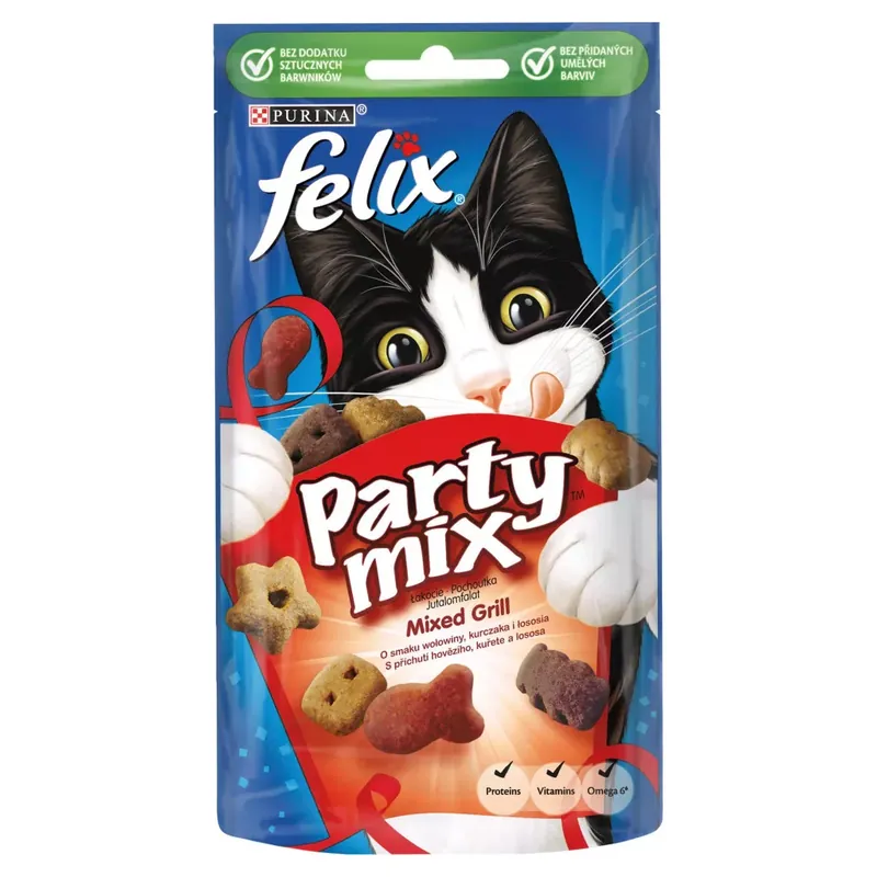 Árcsökkenés Felix Party Mix macska jutalomfalat Mixed Grill marha&csirke&lazac 8x60g