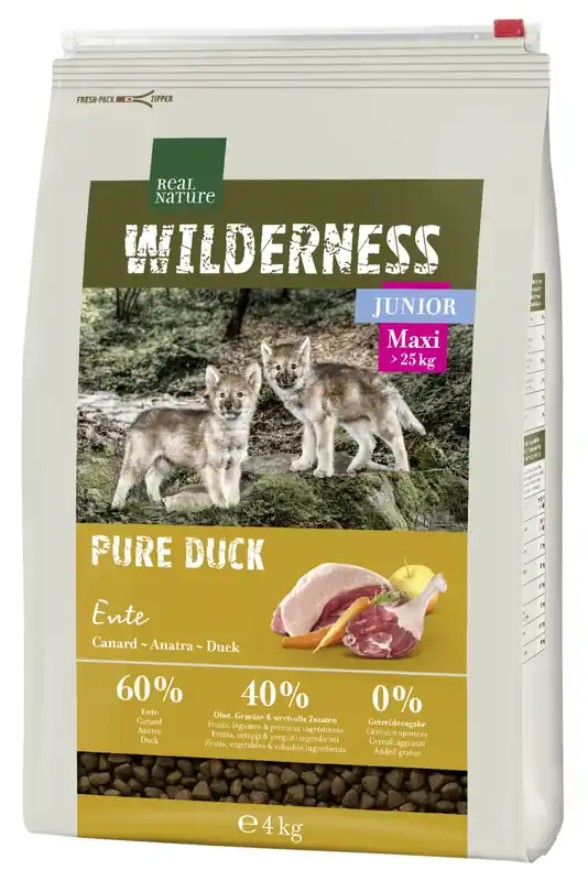 Korlátozott ajánlat Real Nature Wilderness száraz kutyaeledel junior Large Breed kacsa 4kg