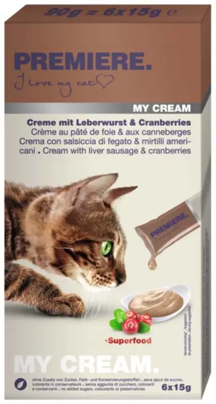 Premiere My Cream macska jutalomfalat kenőmájas&áfonya 6x15g Legjobb ár