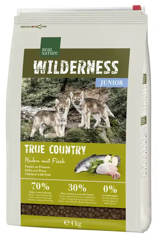 Végkiárusítás Real Nature Wilderness száraz kutyaeledel junior csirke&hal 4kg