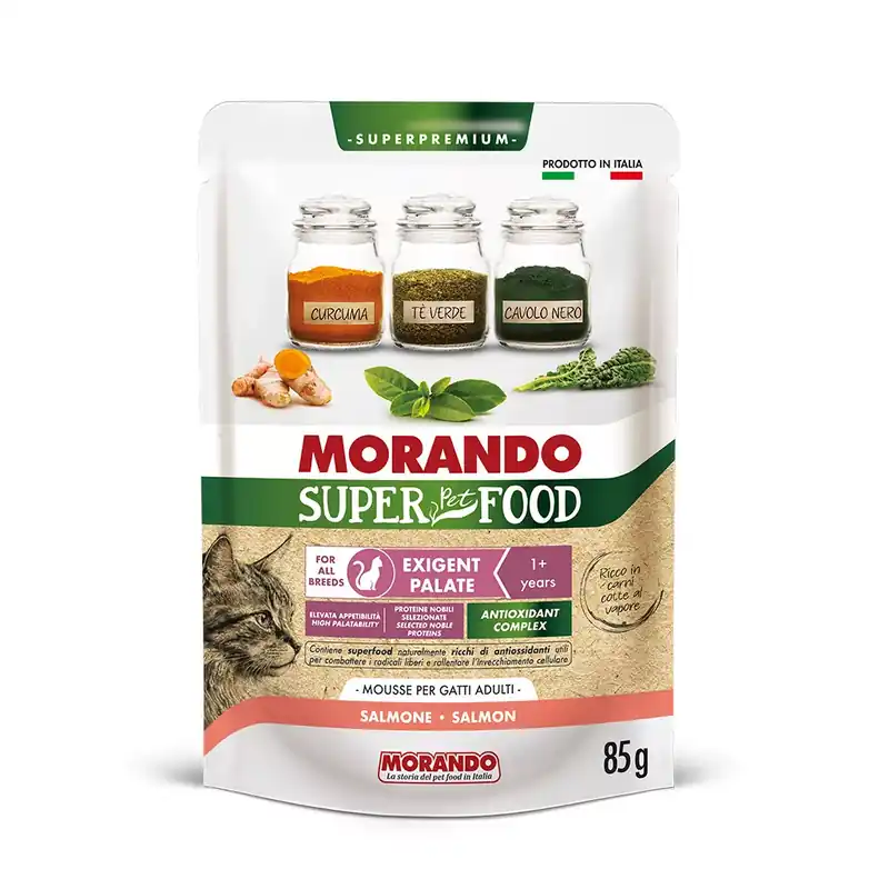 Morando Super Pet Food Exigent nedves macskaeledel tasak adult válogatós lazac mousse 24x85g Ajánlat