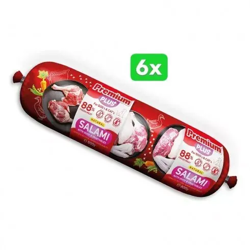 -Premium Plus kutya, macska szalámi 88% hús marha,kacsahús+zöldségek 800g 2*6db BOX Outlet