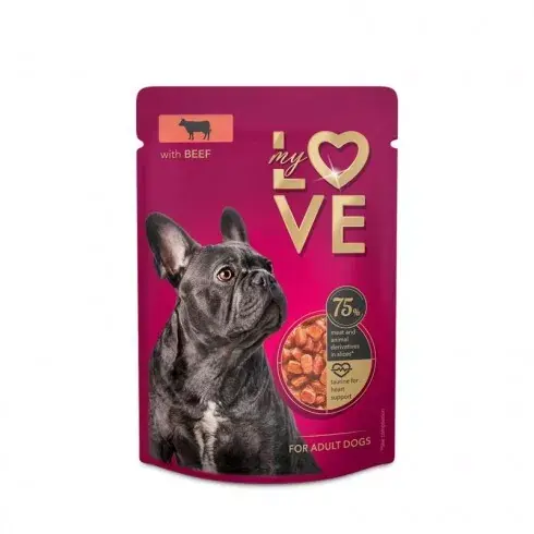 Bestseller -My Love teljes értékű, szaftos alutasakos eledel felnőtt kutyáknak Marha 100g