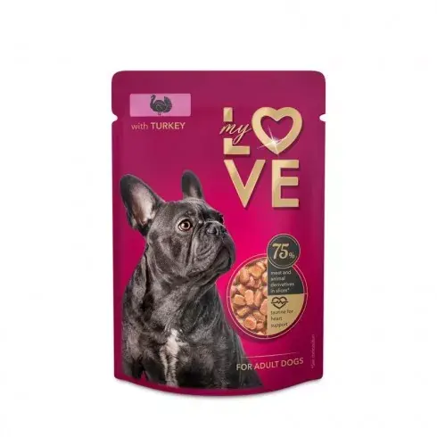 Kedvezményes ár My Love teljes értékű, szaftos alutasakos eledel felnőtt kutyáknak Pulyka 100g