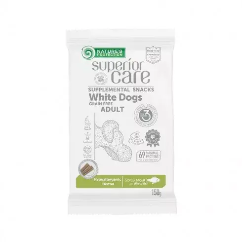 Árcsökkenés Natures Protection SC White Dog GF Adult Hipoallergenic Dental White Fish Snack 110g
