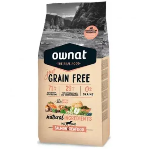 Ownat Dog Just Grain Free Adult Salmon & Seafood száraz kutyatáp lazac, tengergyümölcsei Kedvezmény