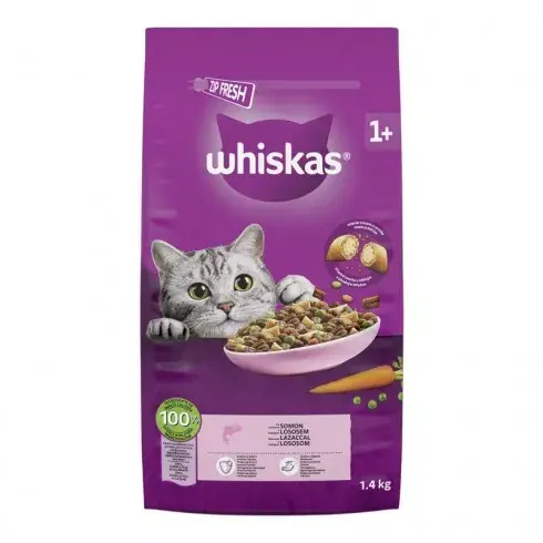 Whiskas 1+ teljes értékű szárazeledel felnőtt macskák számára lazaccal 1,4 kg Árengedmény