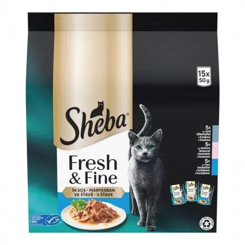 Szuper akció Sheba Fresh & Fine halas válogatás mártásban felnőtt macskák számára 15 x 50 g (750 g)