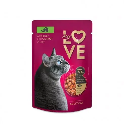 My Love teljes értékű, szaftos alutasak felnőtt macskáknak Marha sárgarépával -zselében 85g Végkiárusítás