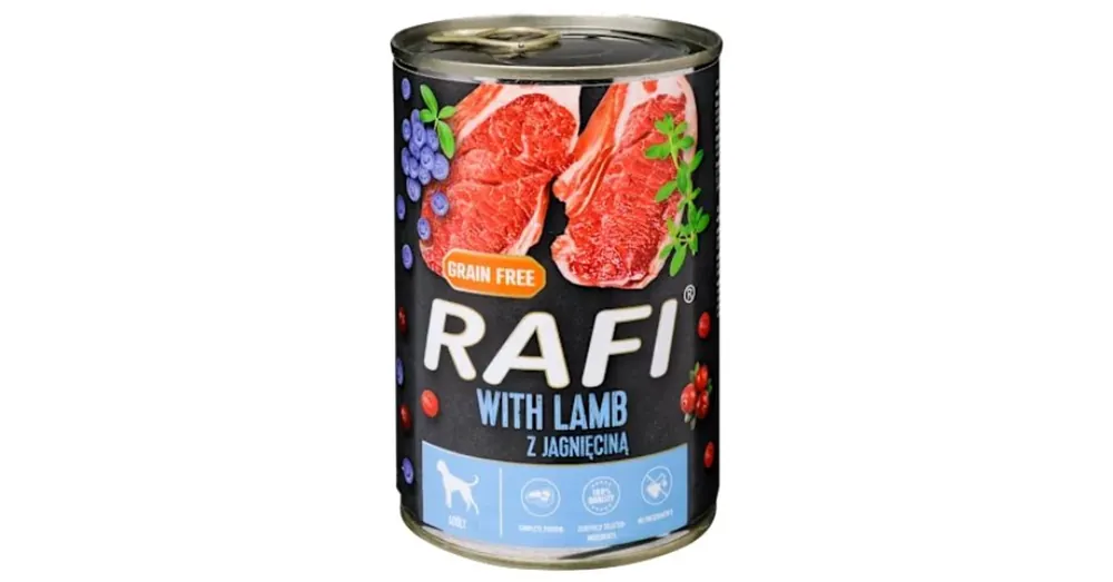 Rafi kutya pástétom bárány, vörös- és kék áfonyával konzerv 400g Gyors kiszállítás