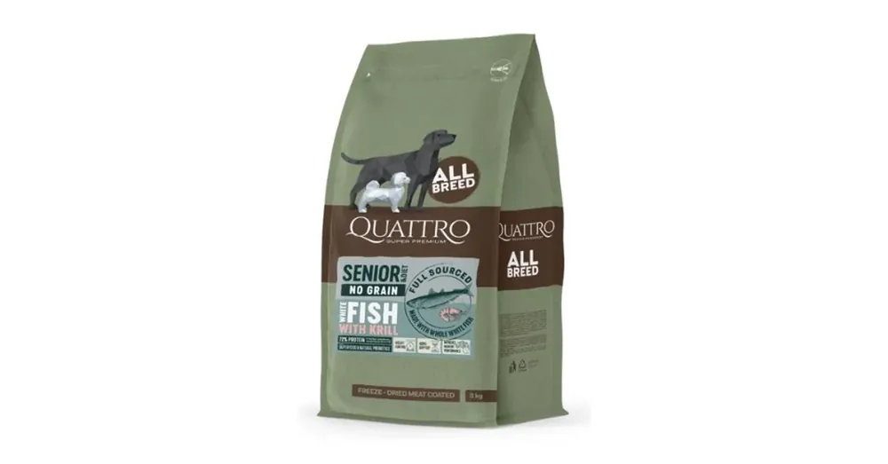 Olcsóbb QUATTRO Hypoallergenic SENIOR ALL BREED ADULT WHITE FISH AND KRILL kutyatáp 12kg