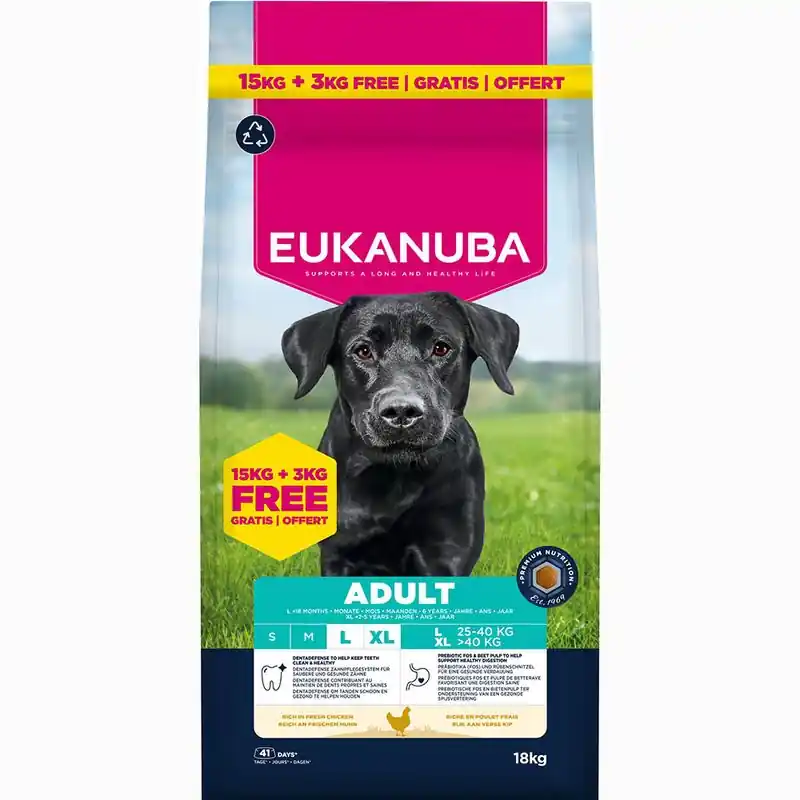 15 + 3 kg ingyen! 18 kg Eukanuba Premium Nutrition csirke bónuszcsomagban Azonnali szállítás