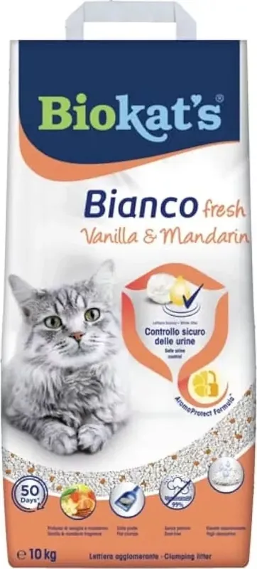 Azonnali szállítás Biokat‘s Bianco Fresh Vanília & Mandarin alom 10 kg