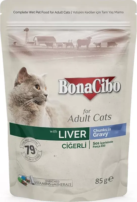 Szuper akció Bonacibo Pouch - Wet Adult Cat Food - Liver 85 g