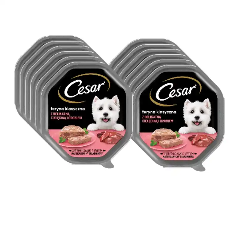 Nézd meg most CESAR tál 12x150 g – teljes értékű nedves eledel felnőtt kutyáknak, terrine puha borjúhússal és baromfival
