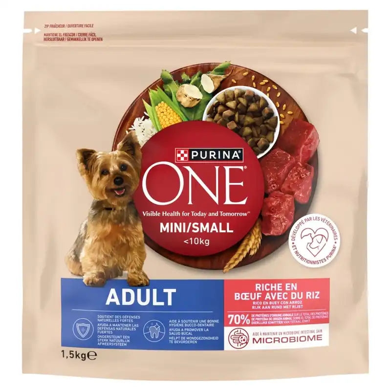 Purina One Adult Mini/Small Felnőtt kutyáknak szánt, marhahússal és rizzsel dúsított eledel 1,5 kg Korlátozott ajánlat