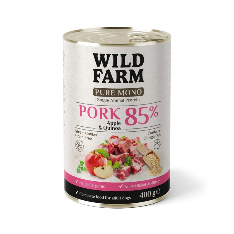 Vedd meg most WILD FARM PURE MONO Sertéshúsos Alma és Quinoa 400g monoprotein kutyatáp