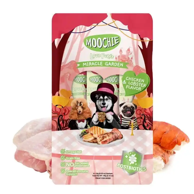 Olcsó MOOCHIE Love Puree Creamy Chicken & Lobster 4x15g csirke- és homár ízű kutyakeksz
