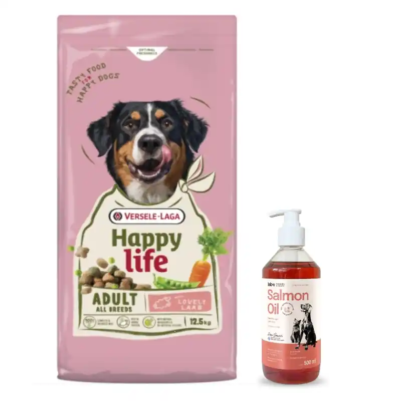 VERSELE-LAGA Happy Life Adult with Lamb 12,5 kg – felnőtt nagy testű kutyáknak készült táplálék bárányhússal + LAB V Lazacolaj kutyáknak és macskáknak 500 ml Végkiárusítás