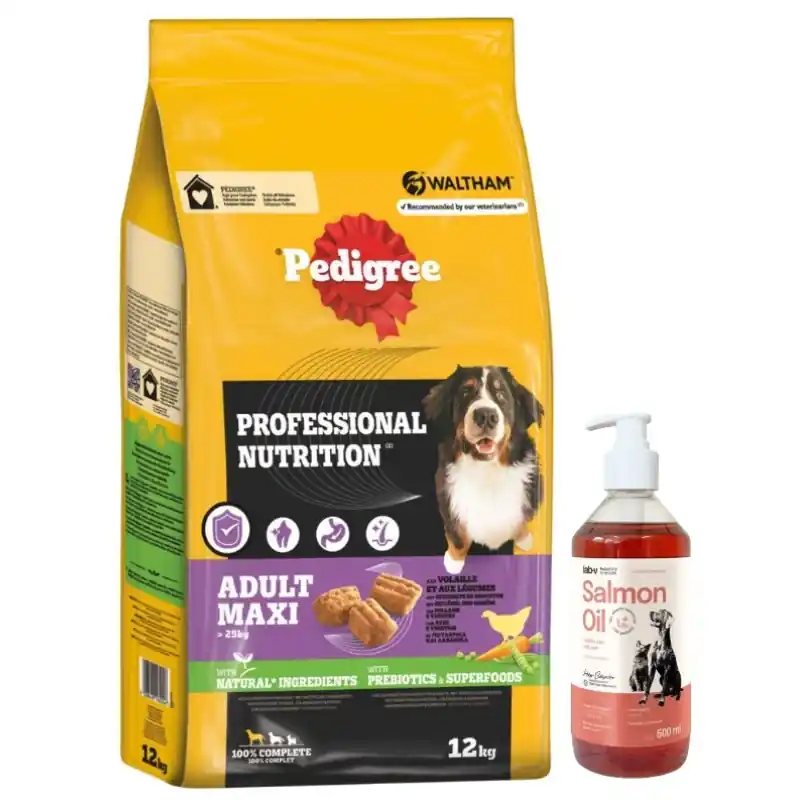Szuper ajánlat PEDIGREE Professional Nutrition száraz kutyaeledel baromfival 12 kg +LAB V Lazacolaj kutyáknak és macskáknak 500 ml