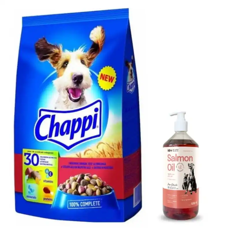 Exkluzív ajánlat CHAPPI 9kg - száraz kutyaeledel marhahússal, baromfival és zöldségekkel + Lab-V lazacolaj 100% minden korosztályú kutyának és macskának 1000ml hidegen sajtolt