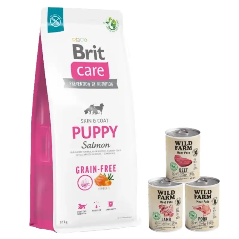 BRIT CARE Gabonamentes kutyakaja szalmacsalád 12 kg + Wild Farm Pate MIX Smaków 3x400 g Akciós ár